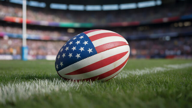 A photograph of a rugby ball resting on freshly cut green grass. The ball is prominently decorated with the colors of the USA flag - alternating red and white stripes with a blue panel featuring white