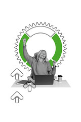 Composite trend artwork 3D sketch image photo collage of monochrome office manager aged woman sit rest relax work laptop drink coffee gear