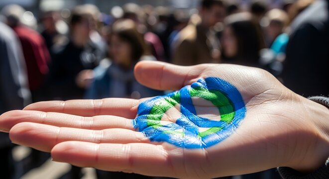 A painted hand depicting the Earth, likely at a protest or demonstration, highlighting environmental concerns.