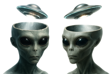 set of aliens on a transparent background. Alien with open head and UFO. Sci-fi. Space.