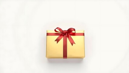 A luxurious gold gift box with a red ribbon, elegantly presented on a clean white background.
