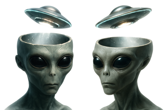 set of aliens on a transparent background. Alien with open head and UFO. Sci-fi. Space.