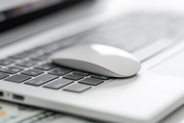 AI. Close-up view on a laptop and computer mouse