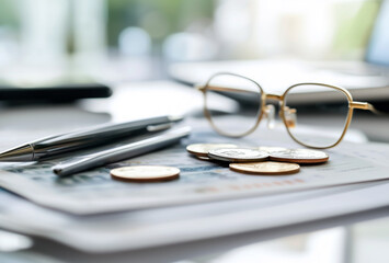 AI. Close-up view on a golden pen and coins on financial documents