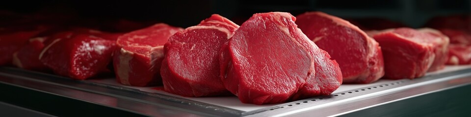 Fresh raw beef steaks on display in butcher shop refrigerator
