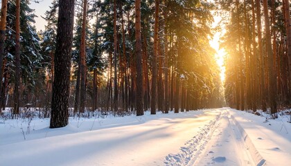Sunlight streams through a snowy forest