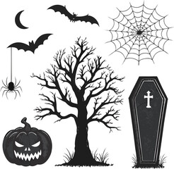 Halloween spooky bundle, 6 unique black silhouette illustrations, zombie hand, coffin, spider web, pumpkin, bat, haunted tree, realistic shadow details, vector-friendly, isolated on white