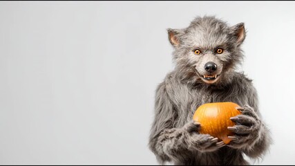 Furry werewolf character with glowing eyes holds orange pumpkin on white background, teeth exposed in wild snarl. Halloween fantasy creature concept
