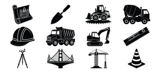 Construction and Engineering Icons Set in Black and White Silhouette Style