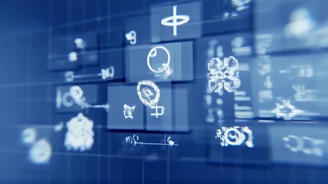 Abstract graphic display of many small, light-colored icons and symbols on a dark-blue background.  Overlapping,  partially visible, rectangular shapes create a sense of depth and layered data