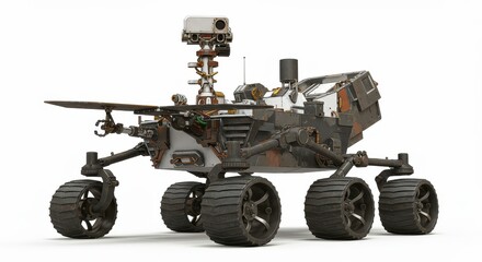 A detailed, three-quarter view of a space rover, featuring intricate mechanical components and weathered surfaces.