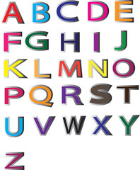 Vibrant 3D alphabet set in bold, stylized fonts. Each letter features unique colors and shadows, ideal for kids' learning, playful branding, or creative typography projects.