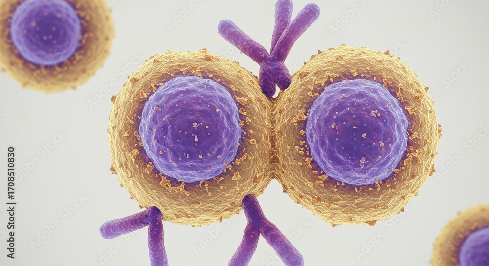 Poster close-up view of dividing cells, showcasing intricate details of cell division and surrounding struc