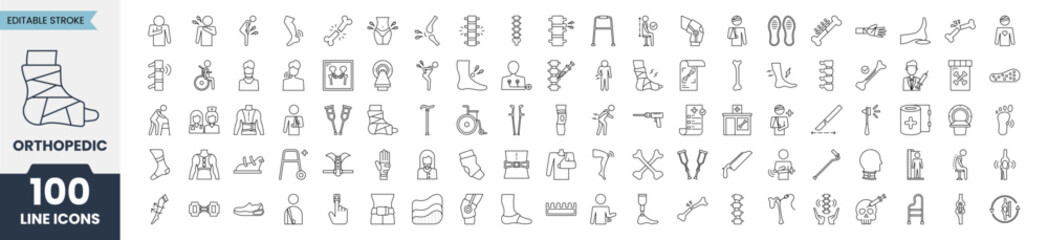 Orthopedic line icons set with editable stroke. A set of icons related to broken bones, calcium, injury and joints, x-ray, and more. Vector illustration