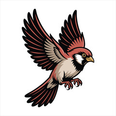 A detailed illustration of a sparrow in flight with outstretched wings and sharp talons