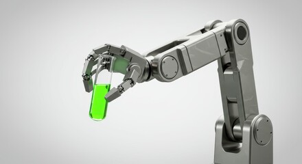 A metallic robot arm holds a test tube filled with a vibrant green liquid against a neutral backdrop.