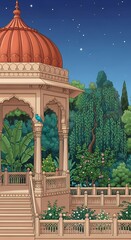 Indian Pavilion in Lush Garden Under Starry Night Sky Romantic Peaceful Illustration