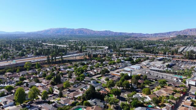 Drone View of Los Angeles Suburban Neighborhood and Freeway Interchange, September 7, 2025