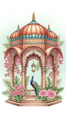 Obraz premium Indian Pavilion with Peacock Illustration Exotic Architecture Floral Design Elegant Decorative Artwork