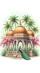 Indian Pavilion with Peacock and Palm Trees Exotic Tropical Landscape Illustration Art