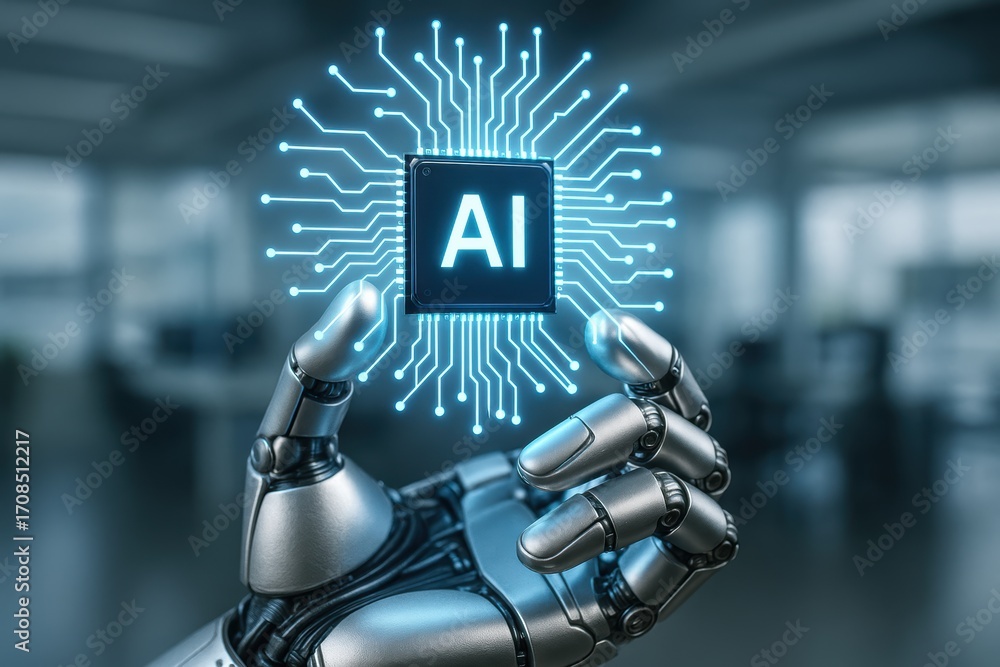 Poster ai hand holding chip: futuristic robotic hand cradles a glowing ai microchip, showcasing the converg