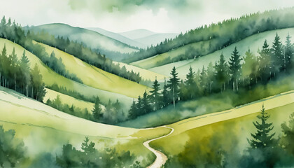 Lush green hills with a winding path in a misty landscape watercolor style
