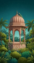 Indian Pavilion with Peacock in Lush Tropical Garden Under Night Sky Illustration