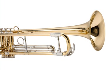 Obraz premium Brass trombone with a polished slide and bell, showcasing intricate details and reflections, positioned against a clean white background with copy space