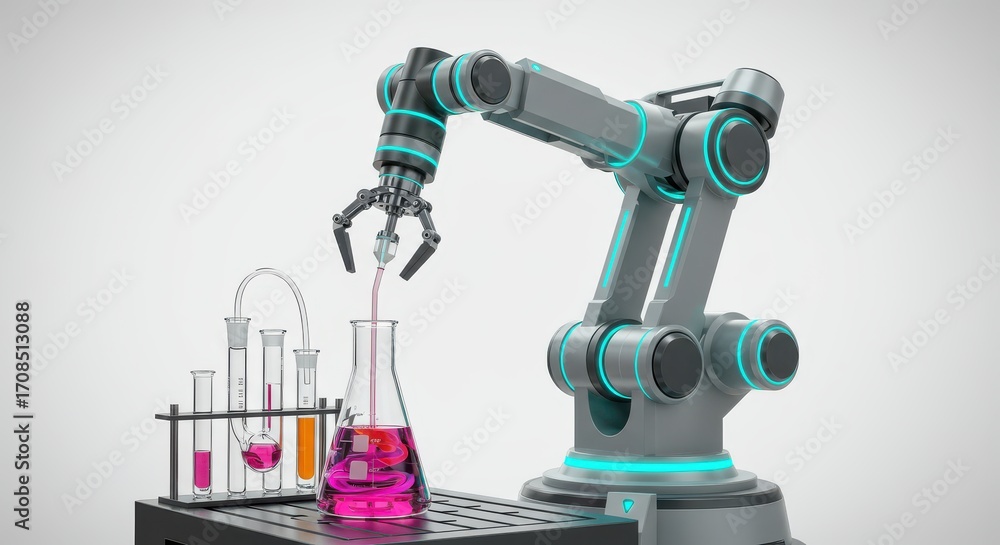 Poster a robotic arm precisely transfers a liquid solution into a flask within a futuristic laboratory sett