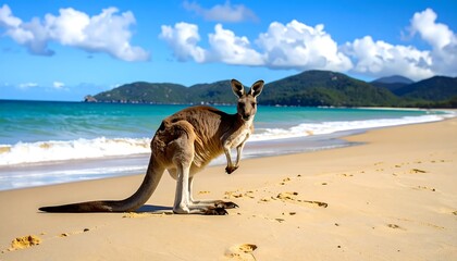 Kangaroo standing tall on a sandy beach, ocean waves and green mountains in distance