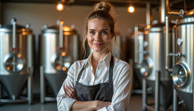  Woman brewer standing in modern brewery with tanks.