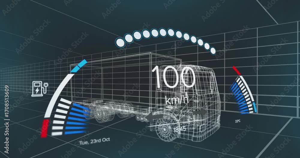 Aufkleber on simulation start wireframe truck animating speed readout, gauges and indicator arcs for demo