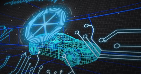 Rotating gauge entering behind wireframe car, sliding circuit lines enveloping car for interface - Powered by Adobe
