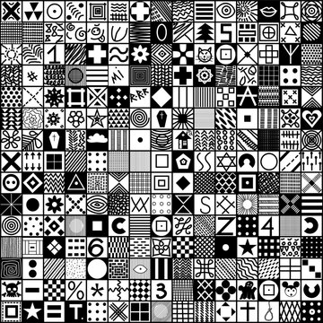 graphic seamless patterns in black and white.
Suitable for backgrounds, textile design, web design, scrapbooking paper.small different drawings