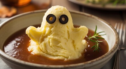 Halloween mashed potato ghost with olive eyes in gravy bowl close up