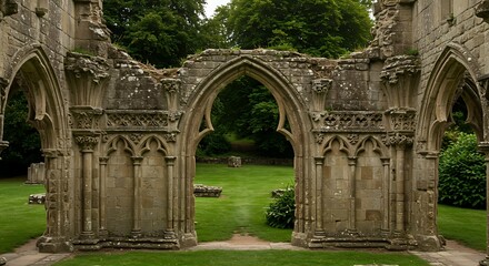 Ruined stone arches in garden setting