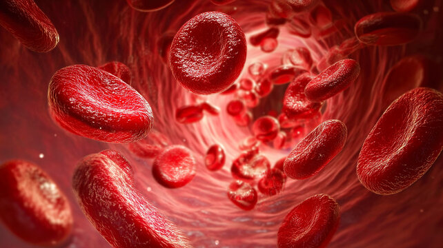 Close-up view of erythrocytes flowing through the circulatory system. Detailed scientific visualization of anatomy, biology and health processes. Perfect for use in medical articles, educational mater