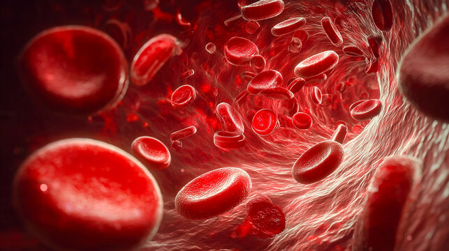 Close-up view of erythrocytes flowing through the circulatory system. Detailed scientific visualization of anatomy, biology and health processes. Perfect for use in medical articles, educational mater