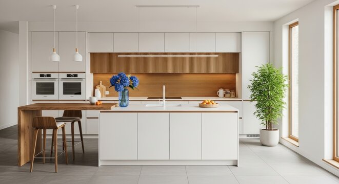 Modern white kitchen with wooden accents, island, and natural light creating a serene and inviting atmosphere