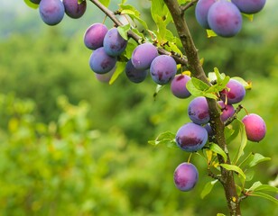 Plums cluster on branch, lush green background