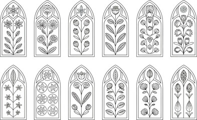 Decorative gothic arched window panels with folk art floral motifs in black and white