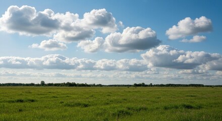 Wide shot of a grassy plain under a partly cloudy sky. Lush green grass stretches across the horizon, with a line of trees on the distant horizon. Bright white cumulus clouds are scattered across