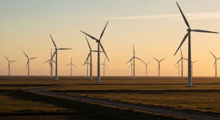 Wind turbines on a wide, open plain at dawn or dusk.  Silhouette of turbines against soft, pastel sky.  A winding road runs through the landscape
