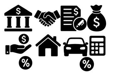 Finance and banking icon set. Vector loan, credit, mortgage, car loan, and investment symbols. Bank, contract, handshake, money bag, calculator, and interest rate glyphs.