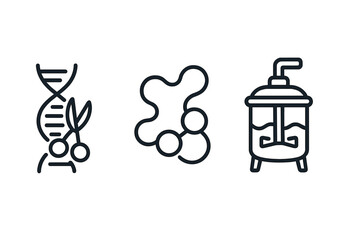 Biotechnology linear icons set. Gene editing, DNA modification with scissors, protein molecule structure, and bioreactor. Genetic engineering, bioprocess, science concepts.