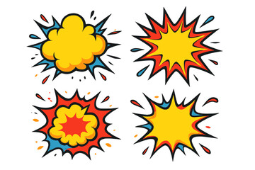 Comic explosions and bombs cartoon set. Pop art vector illustration with bomb and blast, bang and boom effects. Superhero motion burst, flash, splash, and fire.