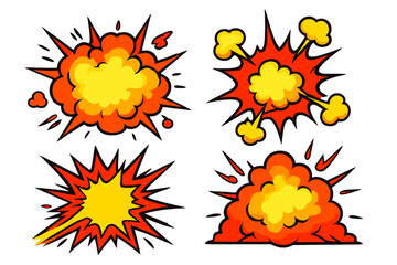 Set of comic book explosions. Cartoon bomb blast and fire flash. Pop art style bang, boom, and pow effects. Vector graphic design elements for dynamic action scenes.