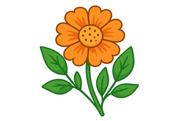 Orange flower vector illustration. Simple cartoon flower icon. Cute floral design element for spring. Botanical plant with green leaves isolated. Cheerful blossom.