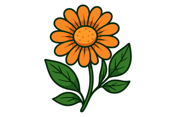 Cute cartoon orange flower vector illustration. Simple floral bloom with green leaves, isolated on white. Cheerful spring or summer nature icon for sticker or design element.