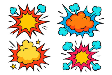 Set of cartoon explosions, comic book pow and bang effects. Pop art speech bubbles for text. Vector burst elements, boom flash, and funny bomb illustration collection.